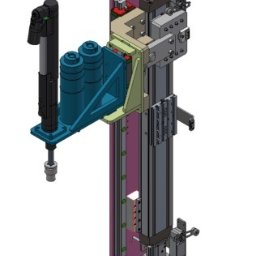 Firma Handlowo Usługowa SLIPPER Łukasz Zientkiewicz - Model 3D pionowej maszyny z elementami w kolorze turkusowym, szarym i czarnym, ukazujący precyzję projektowania CAD/CAM/CAE.