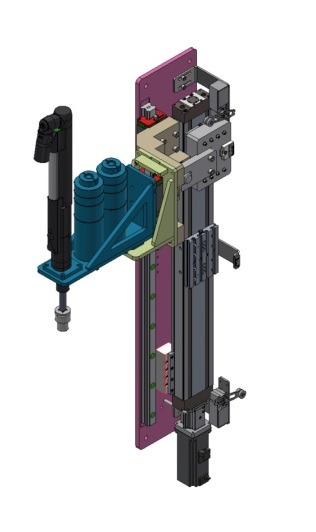 Model 3D pionowej maszyny z elementami w kolorze turkusowym, szarym i czarnym, ukazujący precyzję projektowania CAD/CAM/CAE.