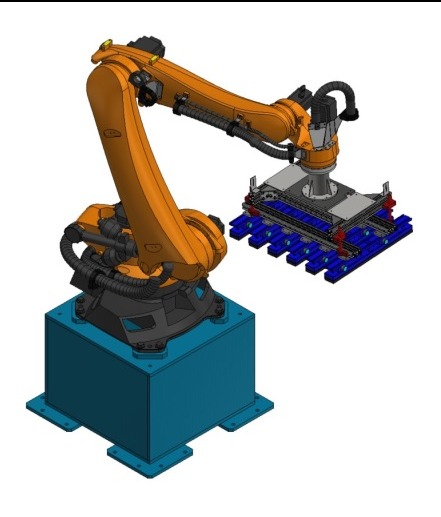 Model 3D robota przemysłowego z pomarańczowym ramieniem i niebieską podstawą, prezentowany na białym tle. Widoczny element przenośnika z niebieskimi rolkami.