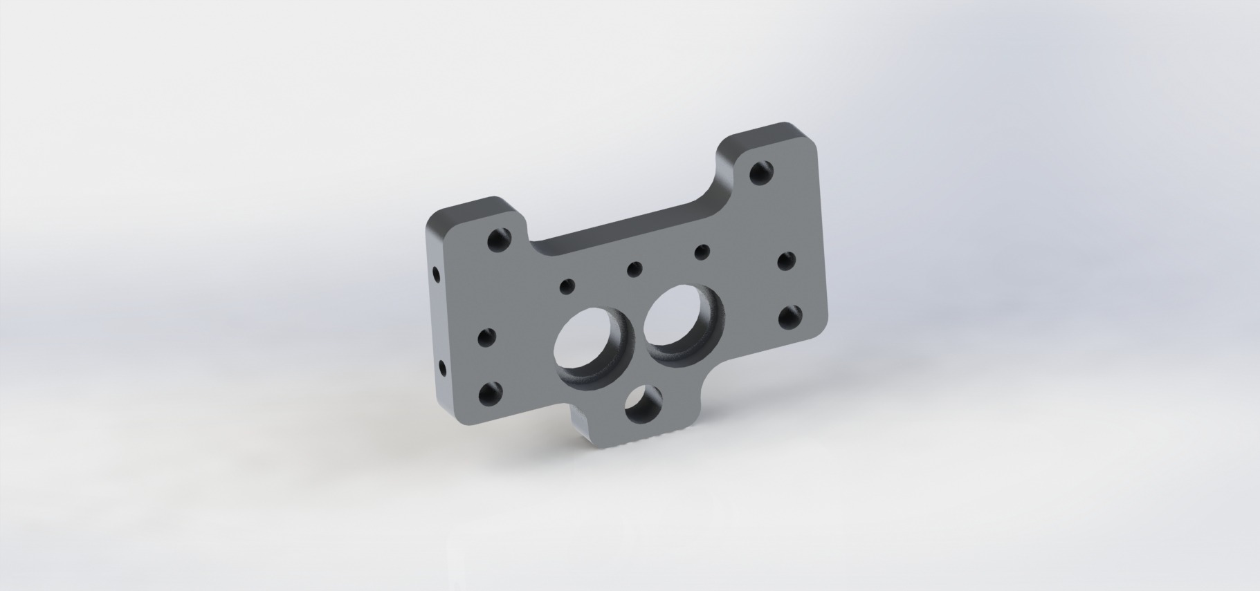 Szary model 3D elementu konstrukcyjnego z otworami, wygenerowany w programie CAD, na białym tle. Widok z perspektywy, ukazujący detale i precyzję wykonania.