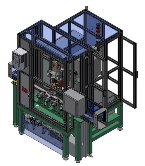 Model 3D maszyny przemysłowej z otwartymi drzwiami, widoczne elementy sterujące i sygnalizacyjne, na zielonej podstawie. Precyzyjna wizualizacja CAD/CAM.