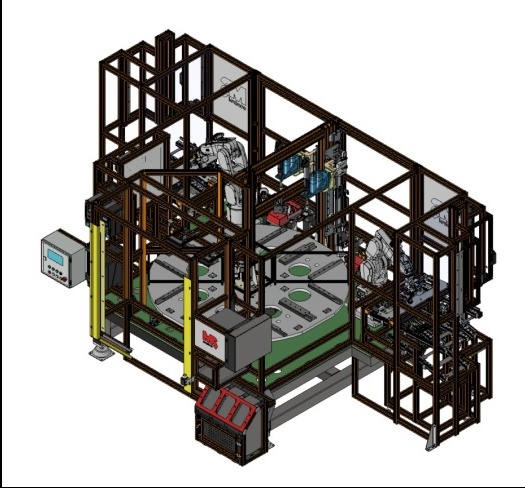 Schemat CAD/CAM/CAE z robotami przemysłowymi i obrotową platformą, ukazujący złożony proces produkcyjny w perspektywie izometrycznej.