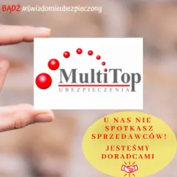 Dłoń trzymająca kartkę z logo MultiTop Ubezpieczenia i hasłem: U nas nie spotkasz sprzedawców! Jesteśmy doradcami!