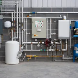 Kompleksowa instalacja grzewcza z kotłem, zbiornikiem, pompami obiegowymi i rozbudowaną siecią rur, zamontowana na tle szarej ściany z cegły, z widocznym panelem sterowania i elementami zabezpieczeń.