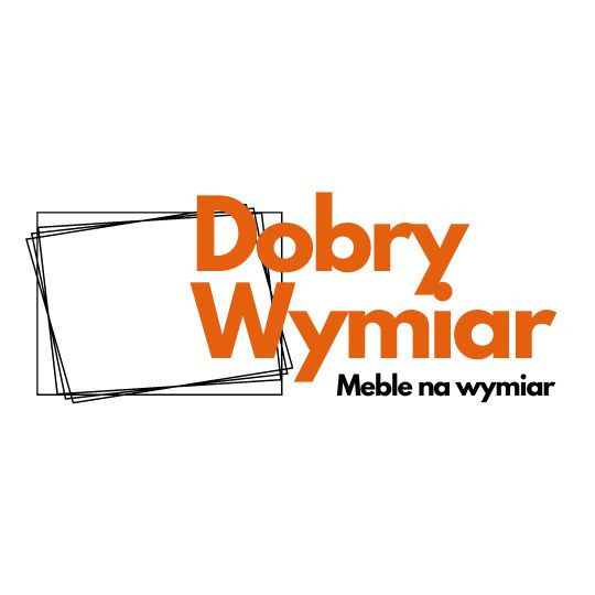 Pomarańczowe logo firmy 'Dobry Wymiar' z czarnymi obrysami kwadratów, specjalizującej się w produktach na zamówienie.