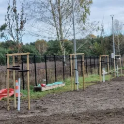 Rząd młodych drzewek, zabezpieczonych drewnianymi konstrukcjami i białymi osłonkami, posadzonych w rzędzie wzdłuż czarnego ogrodzenia, z widocznymi narzędziami ogrodniczymi w tle.