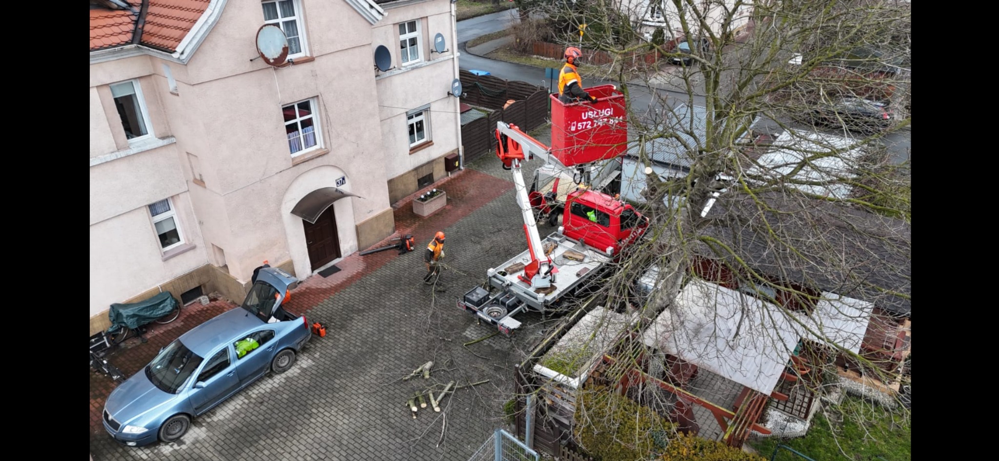 Pracownik w pomarańczowym kombinezonie w koszu podnośnika hydraulicznego podczas pracy przy drzewie, drugi pracownik na ziemi używa dmuchawy do liści, obok zaparkowany samochód z otwartym bagażnikiem