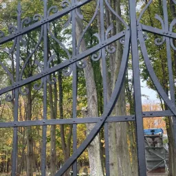 Czarna, ozdobna, metalowa brama z widocznymi nitami na tle jesiennego parku z nagrobkami