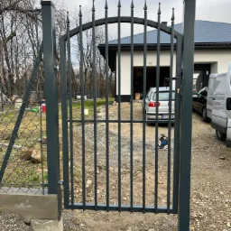 Szara metalowa brama wjazdowa z dekoracyjnymi grotami, widok na posesję z samochodami i domem w tle, pochmurny dzień.