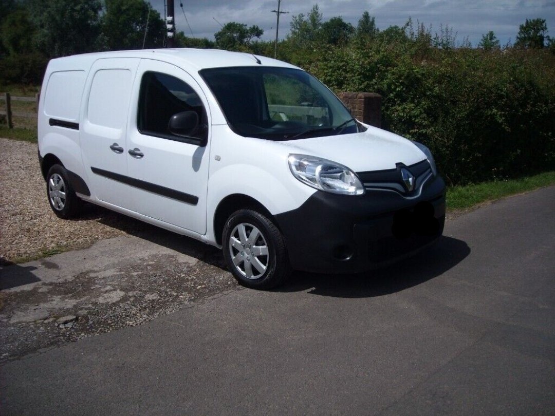 Biały samochód dostawczy Renault Kangoo zaparkowany na poboczu drogi, z widocznym logo Renault na masce i zielonymi krzewami w tle.