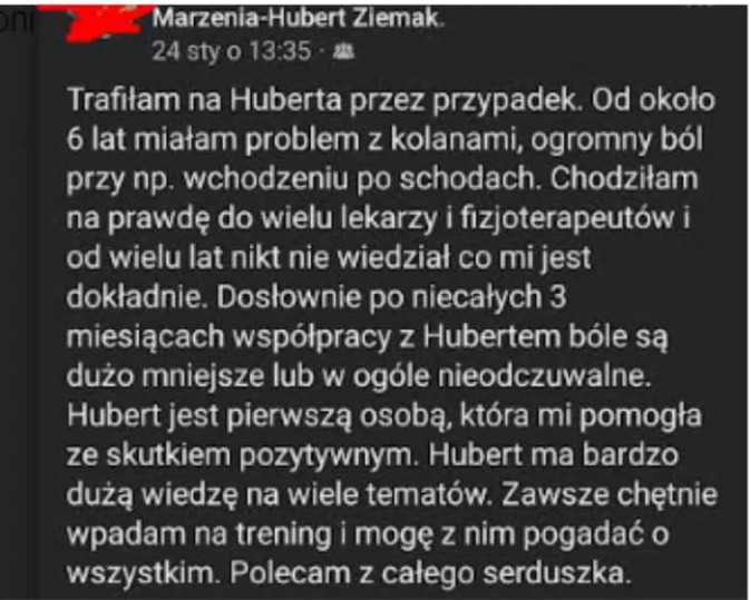Zrzut ekranu z pozytywną opinią klientki o współpracy z Hubertem, który pomógł jej z problemami z kolanami i bólem podczas chodzenia po schodach, po wcześniejszych nieudanych próbach leczenia u...