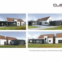 Wizualizacja projektu domu jednorodzinnego z płaskim dachem i przeszklonym łącznikiem, cztery ujęcia z różnych perspektyw, logo architekta w prawym górnym rogu, informacja o lokalizacji projektu...