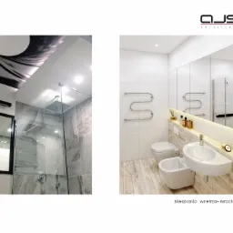 Nowoczesna łazienka z kabiną prysznicową typu walk-in, umywalką nablatową i dużym lustrem, wykończona płytkami imitującymi marmur i drewnem, z logo firmy AJS Architekci w prawym górnym rogu.