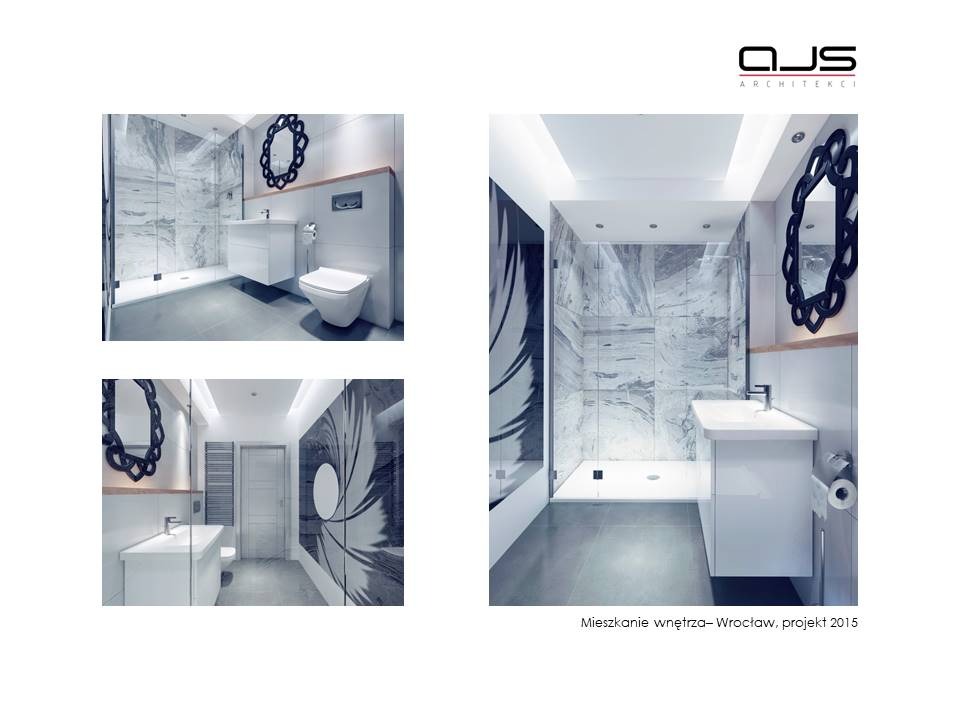 Wizualizacja łazienki z kabiną prysznicową, umywalką nablatową i toaletą podwieszaną. Na ścianie dekoracyjne lustro w czarnej ramie. Widoczne marmurowe płytki w strefie prysznica oraz dekoracyjny...