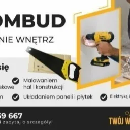 Reklama firmy Tombud Wykończenie Wnętrz, prezentująca usługi malowania, szpachlowania, układania paneli i płyt, elektryki oraz konstrukcji karton-gips, z widoczną piłą ręczną, wiertarką...