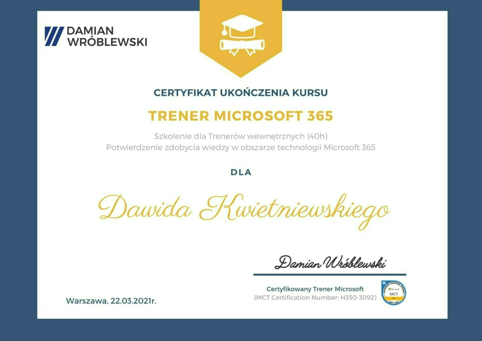 Certyfikat 'Trener Microsoft 365' CYBERSECURITY Damian Wróblewski