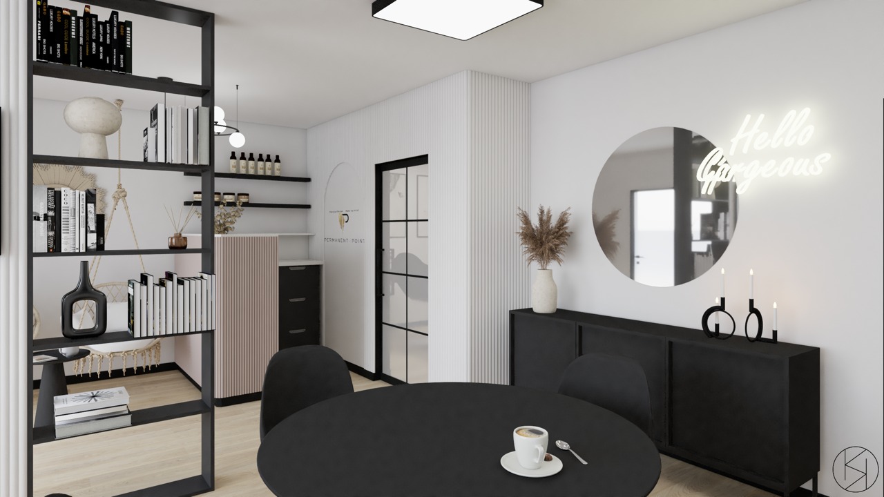 Wizualizacja wnętrza salonu kosmetycznego z okrągłym stołem, czarnymi krzesłami i regałem z dekoracjami, nad komodą okrągłe lustro z neonem 'Hello Gorgeous'.