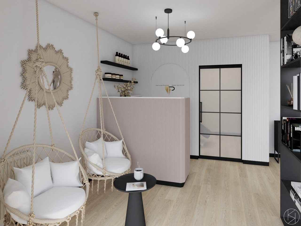 Jasne wnętrze salonu z dwoma wiszącymi fotelami z poduszkami, dekoracyjnym lustrem w kształcie słońca, recepcją z logo i półkami z kosmetykami w tle.