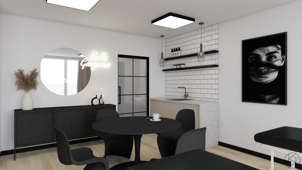 Wnętrze salonu kosmetycznego w minimalistycznym stylu z czarnymi meblami, okrągłym lustrem z neonowym napisem 'Hello Gorgeous' i plakatem z portretem kobiety.