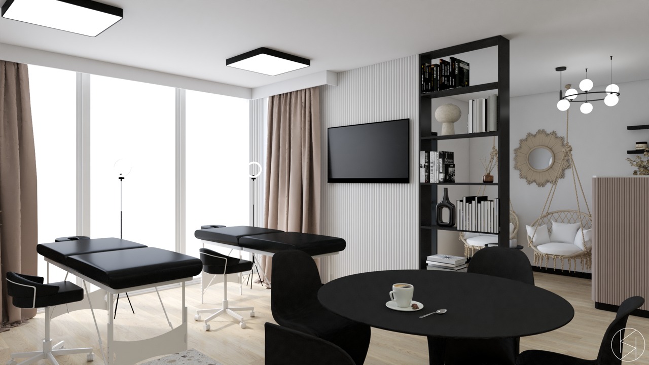 Wizualizacja wnętrza salonu kosmetycznego z dwoma leżankami kosmetycznymi, okrągłym stolikiem z kawą i wiszącymi fotelami w stylu boho.