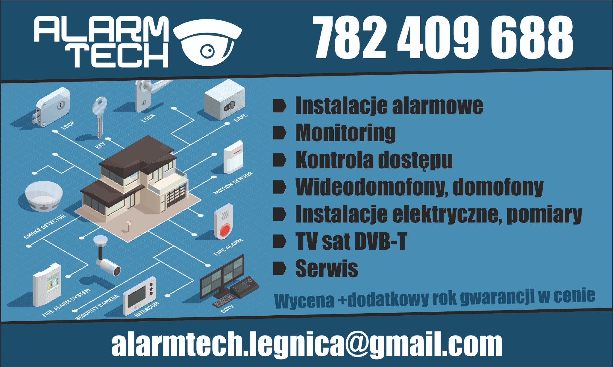 Grafika reklamowa firmy Alarm Tech przedstawiająca schemat instalacji alarmowych i zabezpieczeń domu, w tym kamery, czujniki ruchu, dymu, system alarmowy, domofon, monitoring CCTV, z numerem...