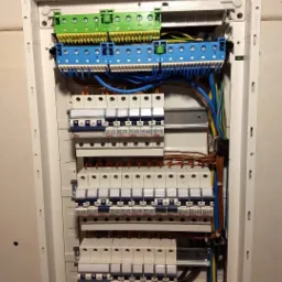 Rozdzielnica elektryczna z bezpiecznikami, listwami zaciskowymi w kolorach zielonym i niebieskim, oraz uporządkowanymi przewodami elektrycznymi wewnątrz białej obudowy.