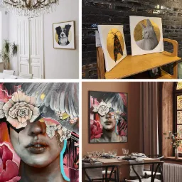 Kompozycja czterech obrazów: portret psa w ramie w jasnym wnętrzu, dwa obrazy ze złotym tłem na drewnianej półce, abstrakcyjny portret kobiety z kwiatami i piórami w zbliżeniu oraz ten sam portret...