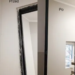 Porównanie stanu futryny drzwi przed i po remoncie: po lewej stronie stara, zniszczona futryna, po prawej odnowiona, pomalowana na ciemny kolor, z widocznym fragmentem okna w tle.