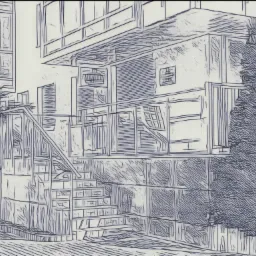 Szkic architektoniczny: Dwukondygnacyjny budynek z balkonem i schodami, otoczony zielenią. Uproszczona forma, wyraźne linie.