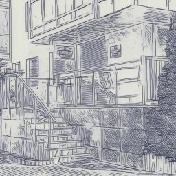 Kancelaria Adwokacka Adwokat Tomasz Bielawski - Stylizowany rysunek architektoniczny przedstawia nowoczesny budynek z balkonem i schodami wejściowymi, otoczony zielenią. Użyto niebieskiej linii na jasnym tle.