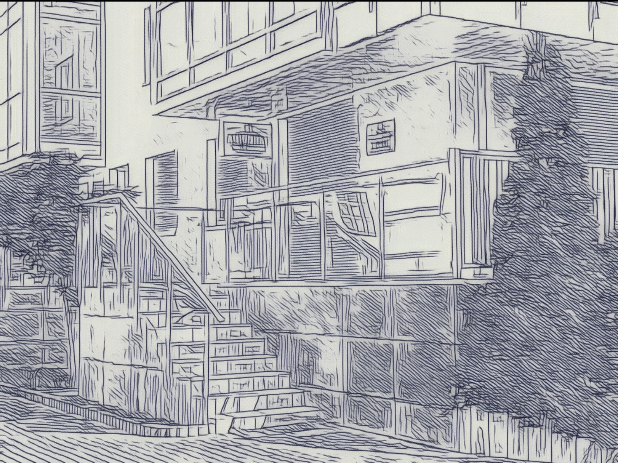 Szkic architektoniczny: Dwukondygnacyjny budynek z balkonem i schodami, otoczony zielenią. Uproszczona forma, wyraźne linie.