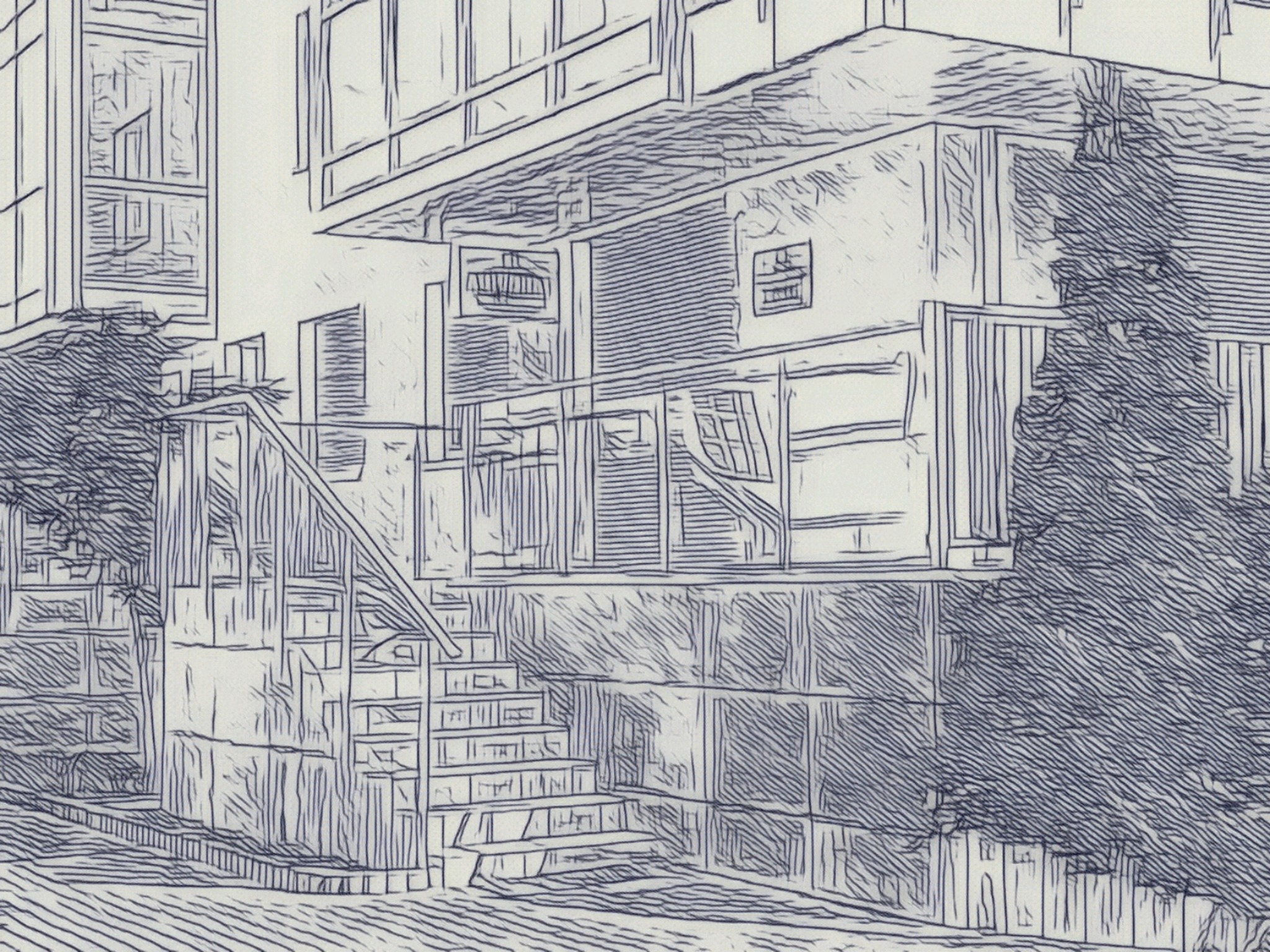 Stylizowany rysunek architektoniczny przedstawia nowoczesny budynek z balkonem i schodami wejściowymi, otoczony zielenią. Użyto niebieskiej linii na jasnym tle.