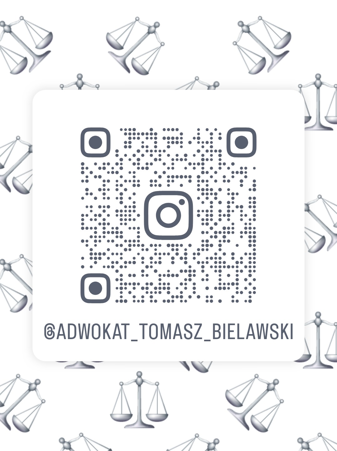 QR kod do profilu Instagram adwokata Tomasza Bielawskiego z Wrocławia, na tle ikony wagi sprawiedliwości. Szybki dostęp do kontaktu z prawnikiem.