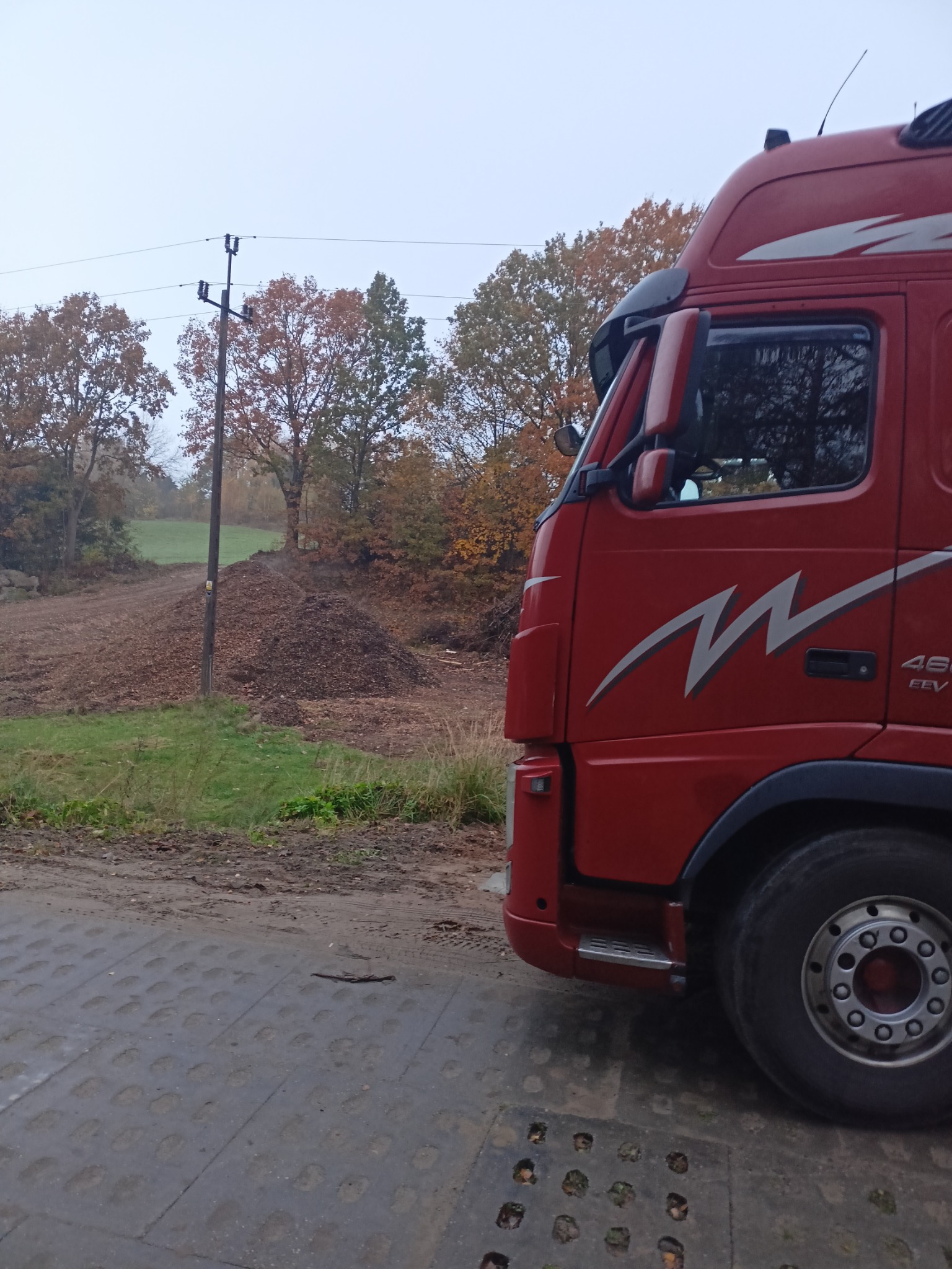 Czerwona ciężarówka Volvo 460 EEV zaparkowana obok sterty gałęzi i pni po wycince drzew, z drzewami w tle.