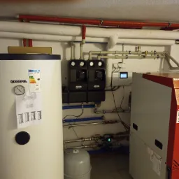 Kotłownia z widocznym białym zasobnikiem Kospel z naklejką energetyczną, czarnym modułem sterującym, szarym zbiornikiem wyrównawczym i czerwono-szarym kotłem Kotlospaw, połączone rurami z zaworami.