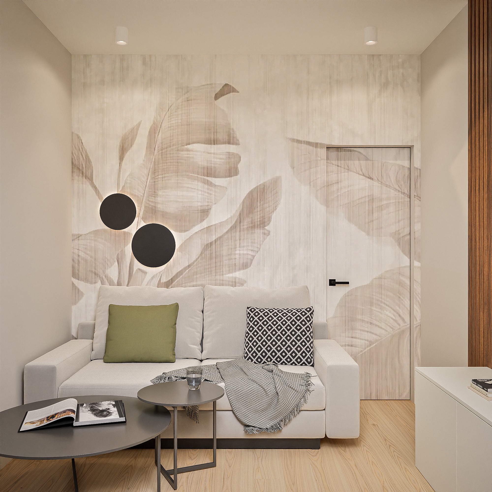 Nowoczesny salon z sofą, stolikami i ścianą z motywem roślinnym. Minimalistyczne oświetlenie i drewniane akcenty. Widoczna otwarta książka na stoliku.