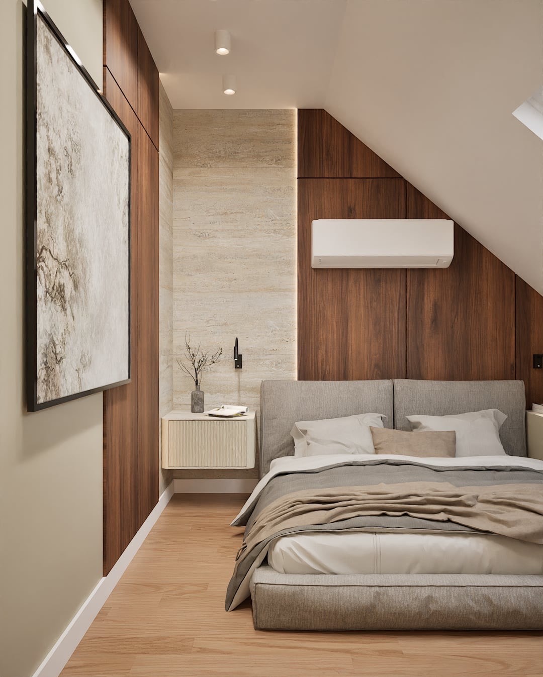 Nowoczesna sypialnia na poddaszu: drewniane panele ścienne, beżowa ściana, łóżko z szarą ramą i obraz w czarnej ramie. Minimalistyczny styl, klimatyzacja.