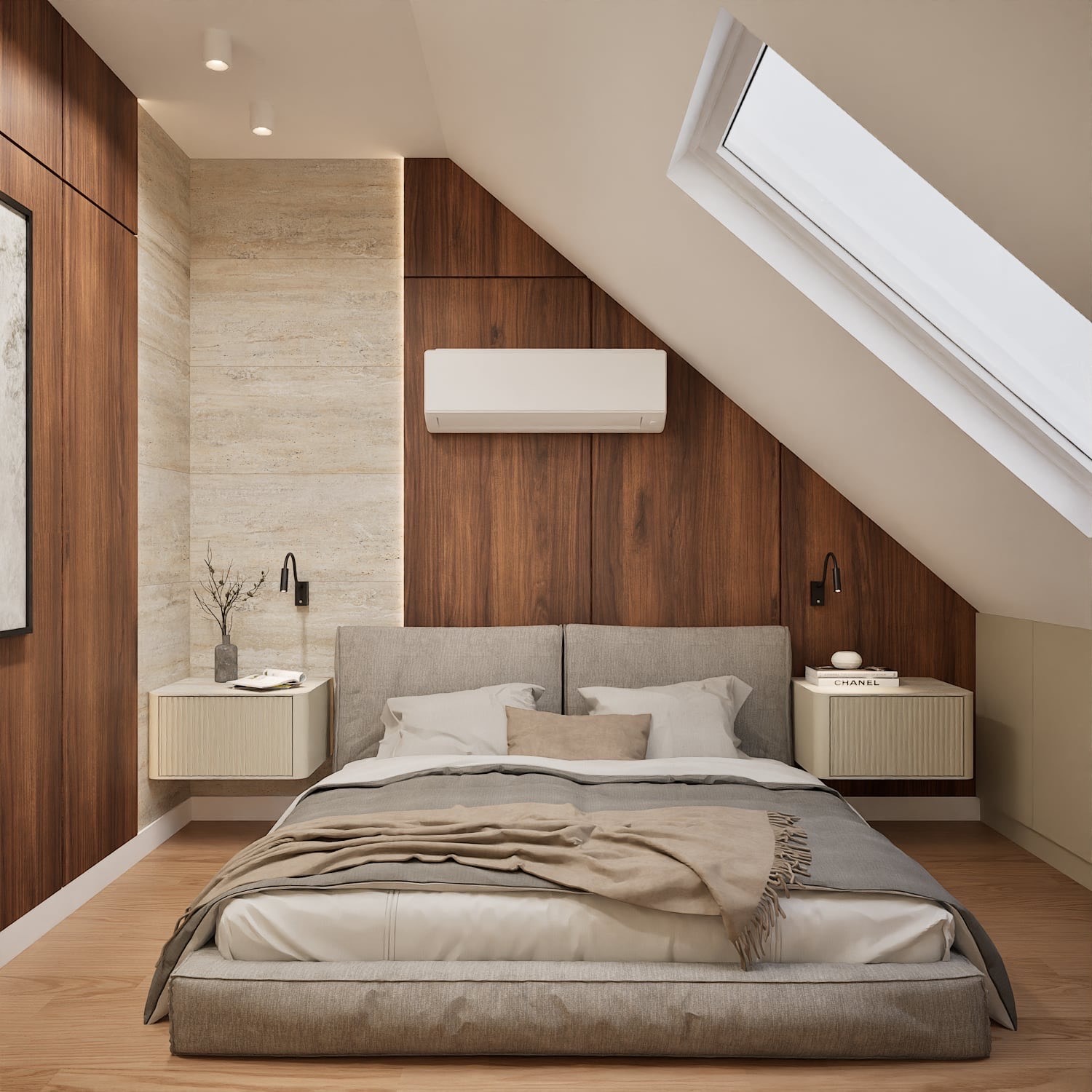 Nowoczesna sypialnia na poddaszu z drewnianą boazerią, oknem dachowym i minimalistycznymi szafkami nocnymi. Jasna pościel i beżowy pled dodają przytulności.