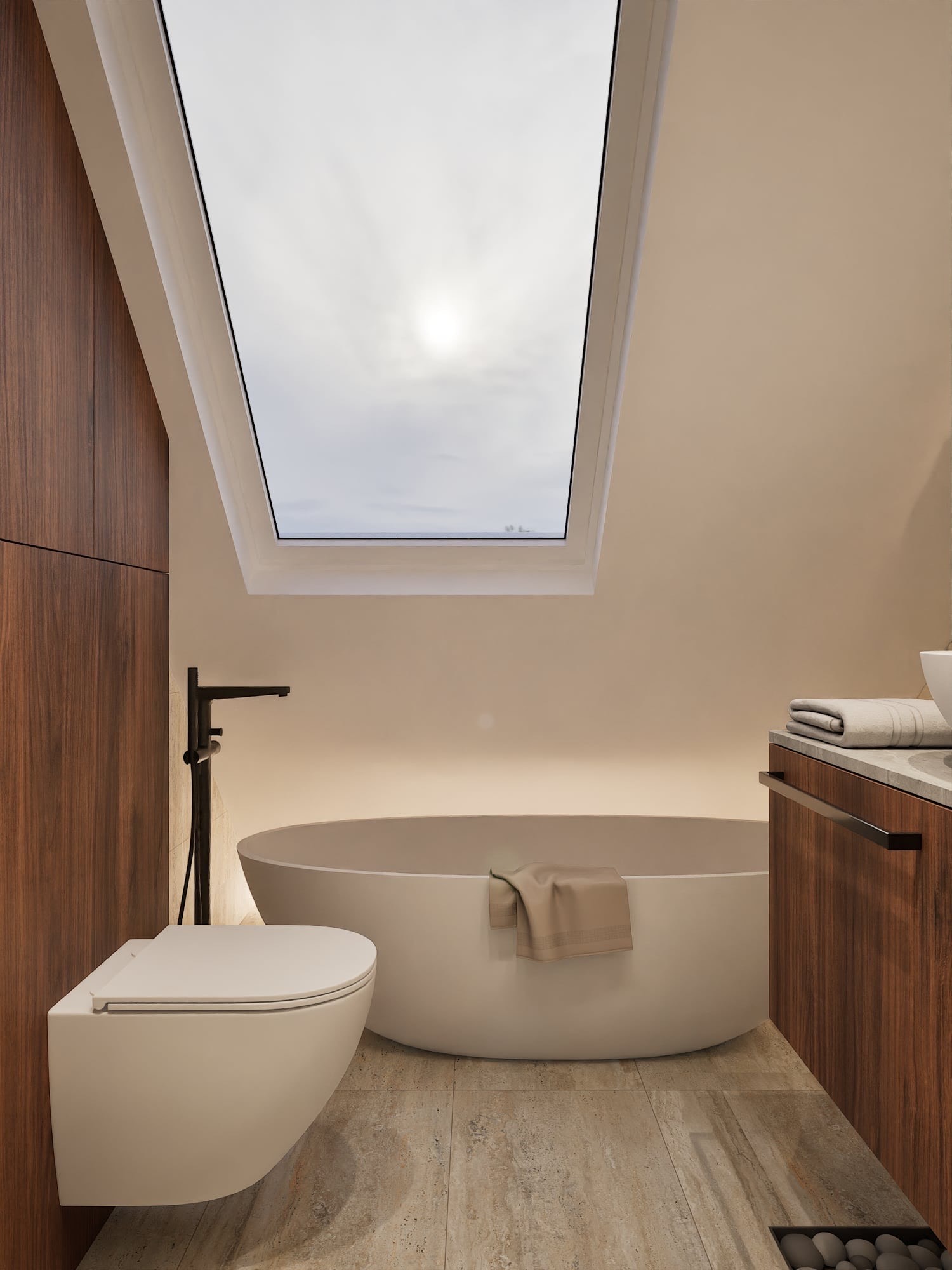 Nowoczesna łazienka na poddaszu z oknem dachowym, wolnostojącą wanną i podwieszaną toaletą. Umywalka z drewnianą szafką i kamienny dywanik.