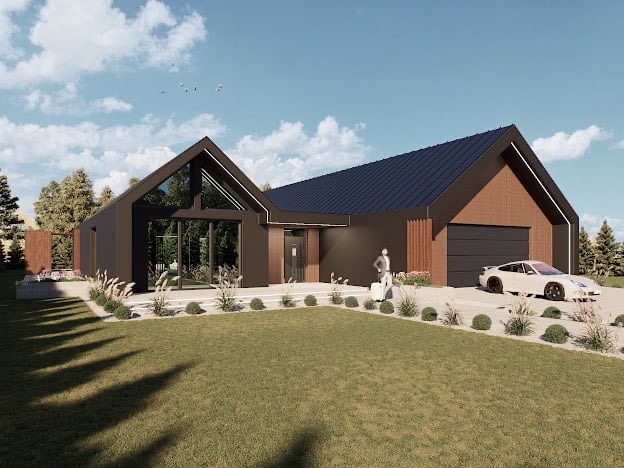 Wizualizacja nowoczesnego domu jednorodzinnego z garażem, z dużymi przeszkleniami i elementami drewnianymi. Na podjeździe stoi sportowy samochód, a obok budynku postać z walizką.
