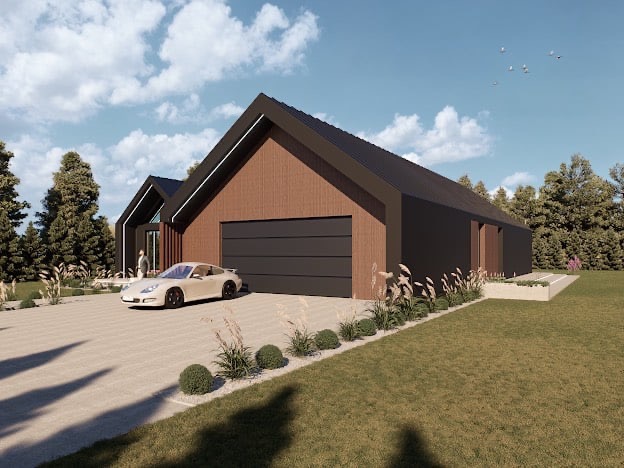 Nowoczesny dom jednorodzinny z garażem i autem sportowym na podjeździe w otoczeniu zieleni. Elewacja z drewna i czarnego metalu. Minimalistyczny styl.