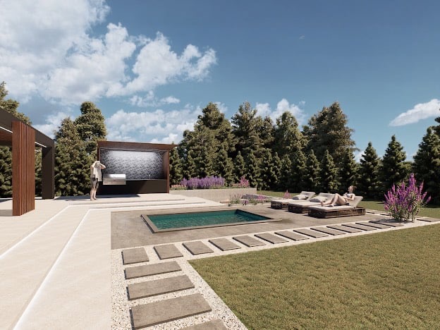 Nowoczesny ogród z basenem i miejscem do relaksu. Minimalistyczny design, jasne barwy, zieleń drzew i trawy. Osoby odpoczywają na leżakach przy basenie.