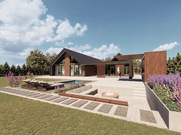Wizualizacja nowoczesnego domu z basenem, leżakami i strefą relaksu z paleniskiem. Minimalistyczny design, drewniane elementy, otoczenie zieleni. Jasne, słoneczne ujęcie.
