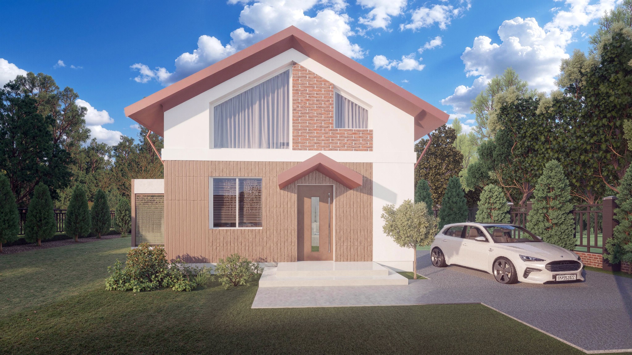 Wizualizacja domu jednorodzinnego z elementami cegły na elewacji, biały samochód na podjeździe, zielony trawnik i drzewa w tle, błękitne niebo z chmurami.