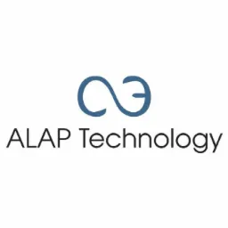 Logo firmy ALAP Technology z abstrakcyjnym symbolem w kolorze niebieskim nad nazwą firmy.