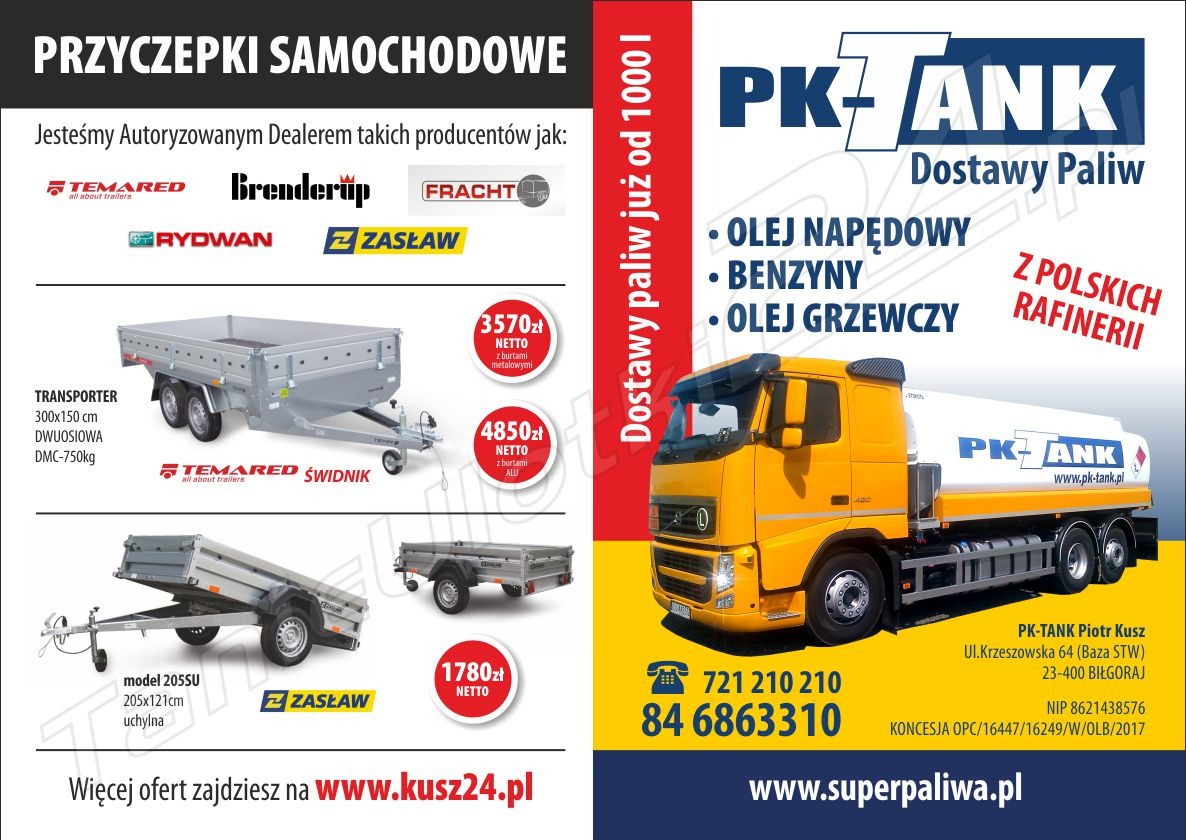 Reklama firmy PK-TANK oferującej dostawy paliw, prezentująca żółtą cysternę z logo firmy na tle informacji o oleju napędowym, benzynie i oleju grzewczym oraz przyczepy samochodowe różnych...