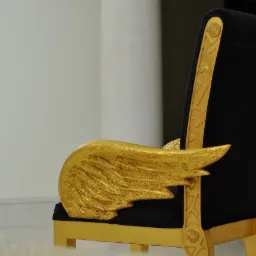 Czarno-złote krzesło z ozdobnymi skrzydłami, widok z boku, stylizowane na antyczne, z delikatnym wzorem na oparciu.