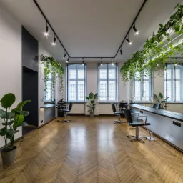 Nowoczesne wnętrze salonu fryzjerskiego z drewnianą podłogą w jodełkę, stanowiskami z lustrami, oświetleniem punktowym i wiszącymi roślinami.