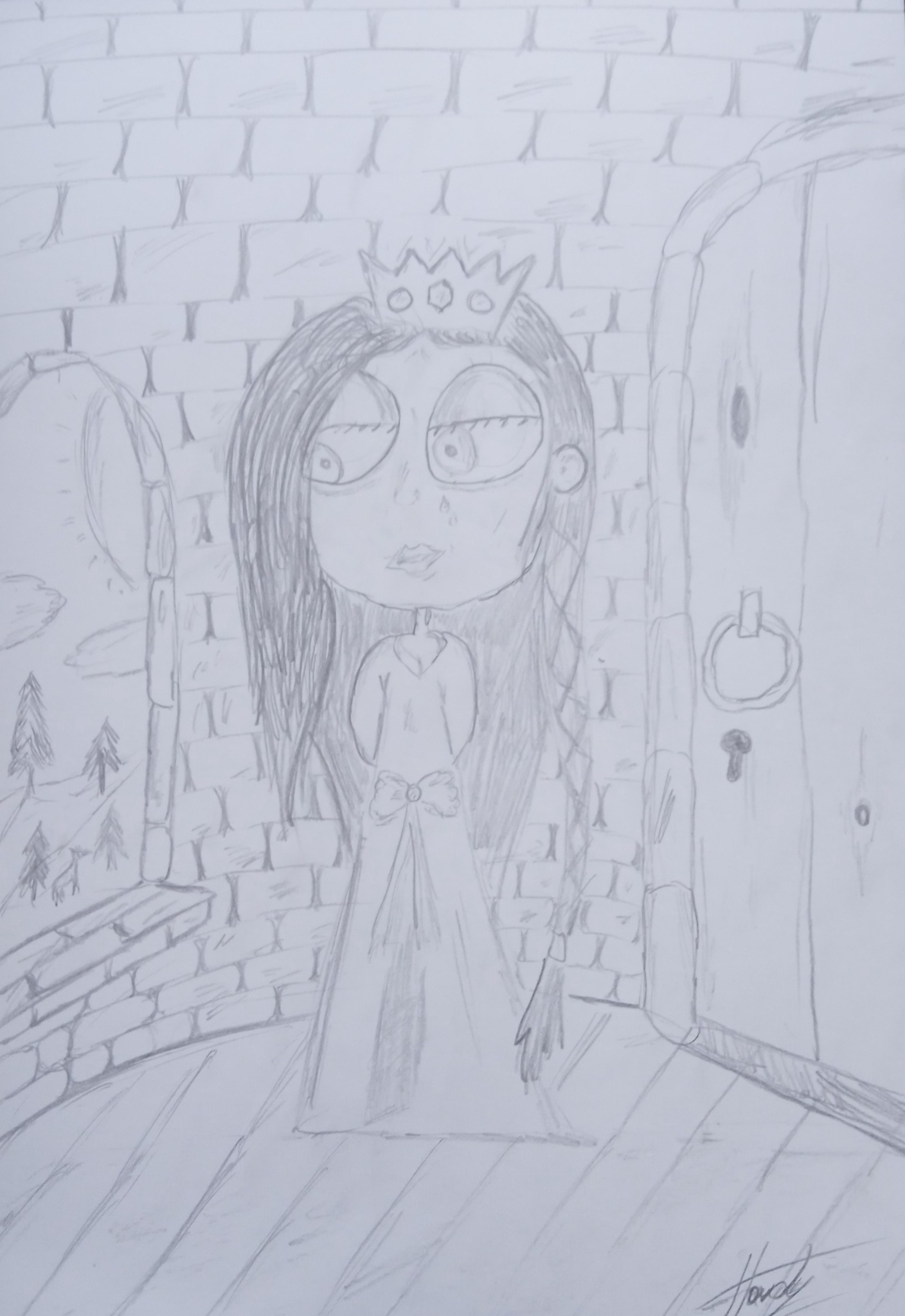 Szkic ołówkiem przedstawiający postać w koronie stojącą w kamiennym zamku z widokiem na księżyc i las przez łukowe okno.