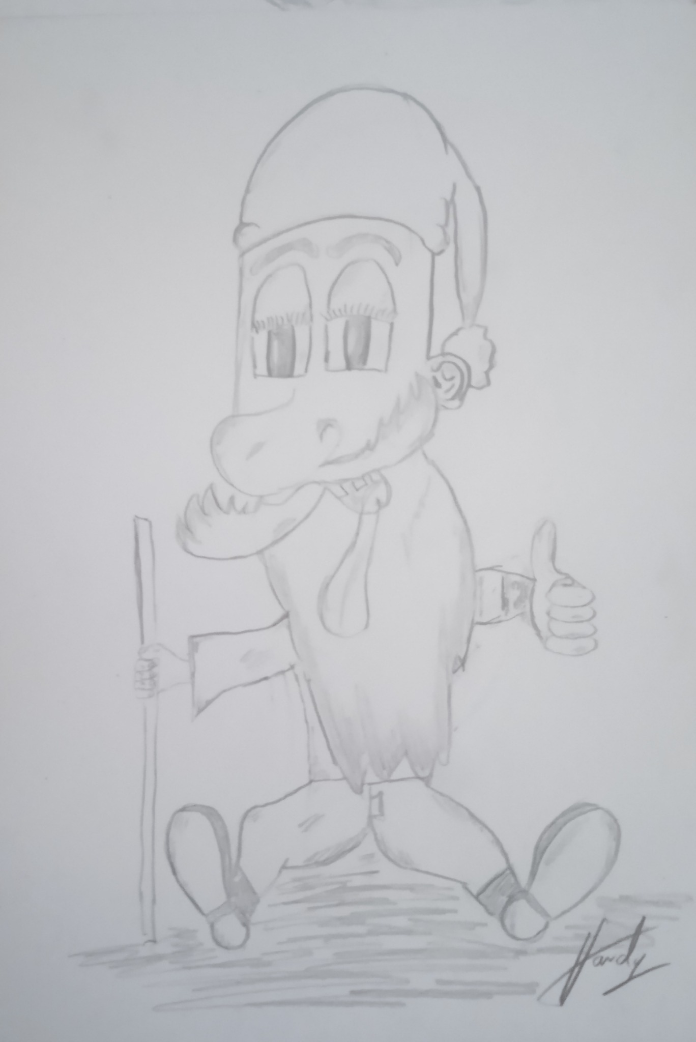 Szkic ołówkiem przedstawiający postać w czapce, z laską i kciukiem w górę, stylizowana na postać z bajki.